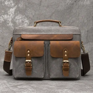 Wholesale gray canvas and brown leather briefcase bag OEM supplier