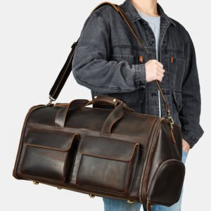 Crazy Horse Genuine Leather Travel Bag with Shoes Compartment Weekend Garment Duffle Bags Leather Travel Bag Men