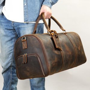 Men Crazy Horse Leather Travel Bag with Shoe Pouch Waterproof Weekender Overnight Bag Genuine Leather Travel Duffle Bag
