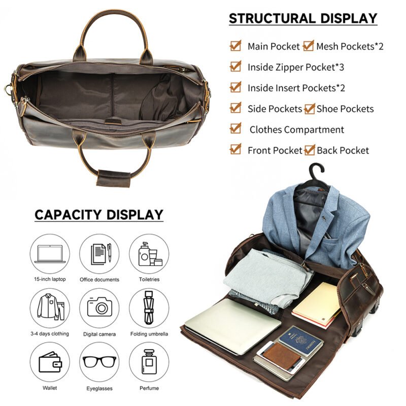 Crazy Horse Genuine Leather Men Folding Travel Bags Trolley Storage Garment Duffel Bag Luggage Men Leather Travel Bags - Image 4