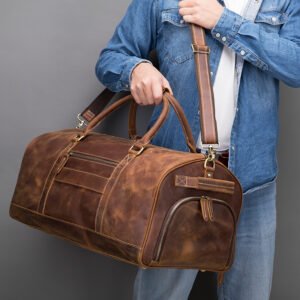 Men Genuine Leather Travel Bag with Shoe Pouch Weekender Overnight Outdoor Duffel Bag Men Leather Travelling Bag