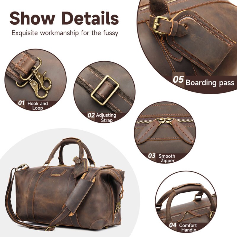Handmade Crazy Horse Leather Duffle Bags Large Men Travel Weekender Overnight Bag Genuine Leather Travel Bag - Image 5