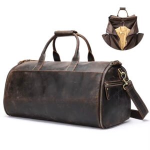 Men Garment Duffle Bag 2 in 1 Hanging Suit Leather Duffle Bag with Shoe Compartment Genuine Leather Travel Bags