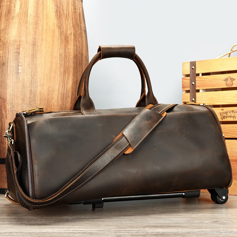 Crazy Horse Genuine Leather Men Folding Travel Bags Trolley Storage Garment Duffel Bag Luggage Men Leather Travel Bags - Image 7