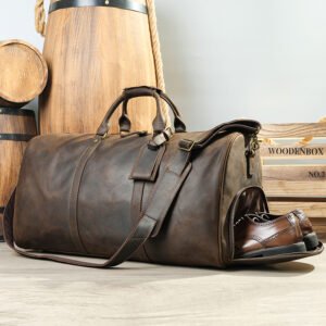 Crazy Horse Genuine Leather Travel Duffel Bag with Shoe Compartment Leather Weekender Bags Leather Travel Bags for Men