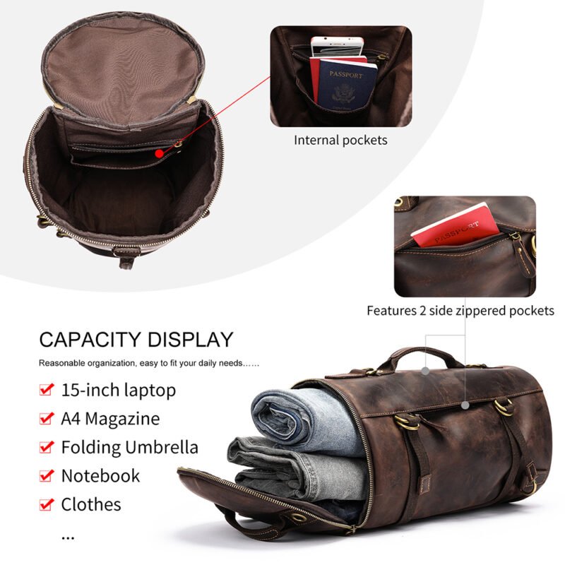 Vintage Men Leather Duffle Travel Shoulder Bag Large Capacity Men Leather Backpack Genuine Leather Travel Bag for Men - Image 6