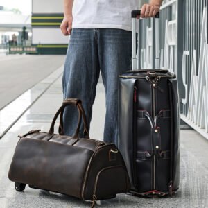 Crazy Horse Genuine Leather Men Folding Travel Bags Trolley Storage Garment Duffel Bag Luggage Men Leather Travel Bags