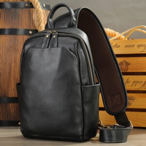 Leather Chest Bag with Double Zipper Closure