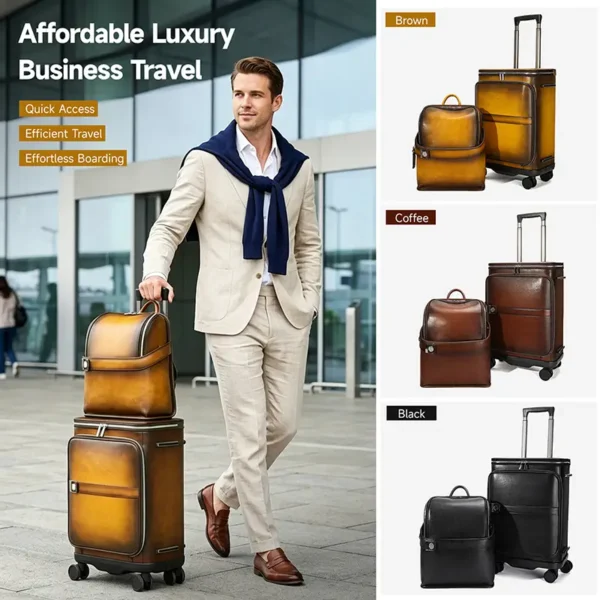 1 (1) Business man with brown leather luggage set, office casual style