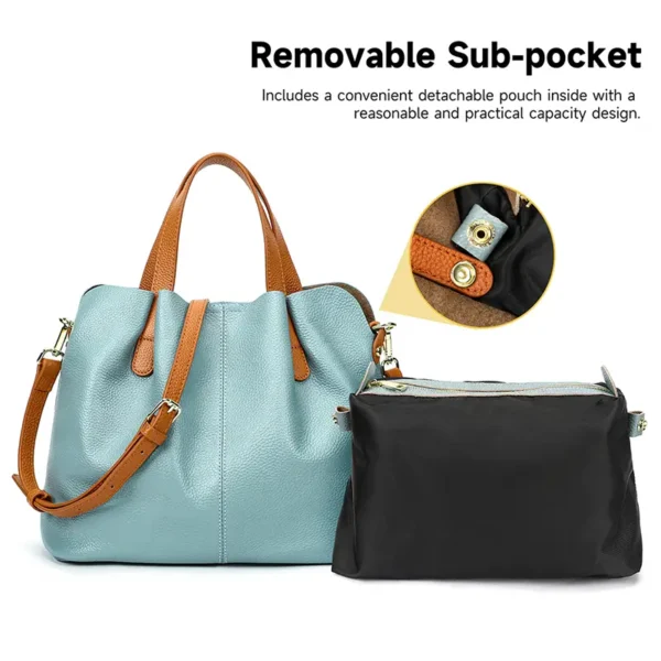 1 (10) Light blue leather tote bag with removable pouch, feature display