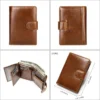 Brown leather wallet multi-angle display, front/side/inner views