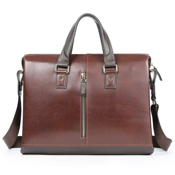 Vintage brown leather briefcase with front zipper, white background