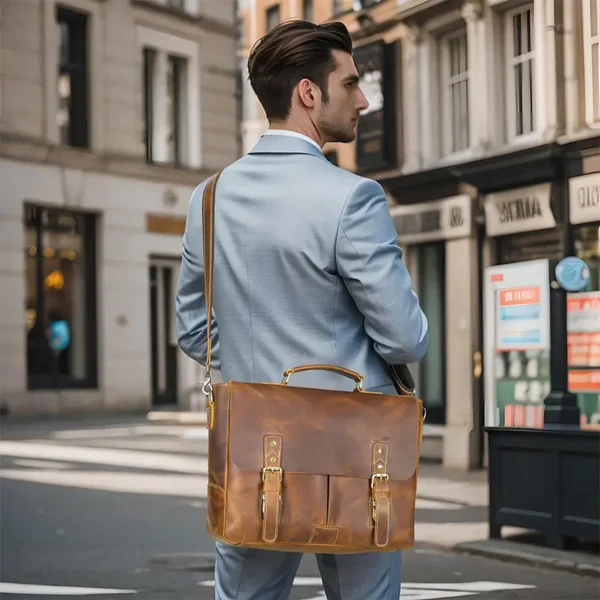 1 (13) Man holding brown leather briefcase, city street background