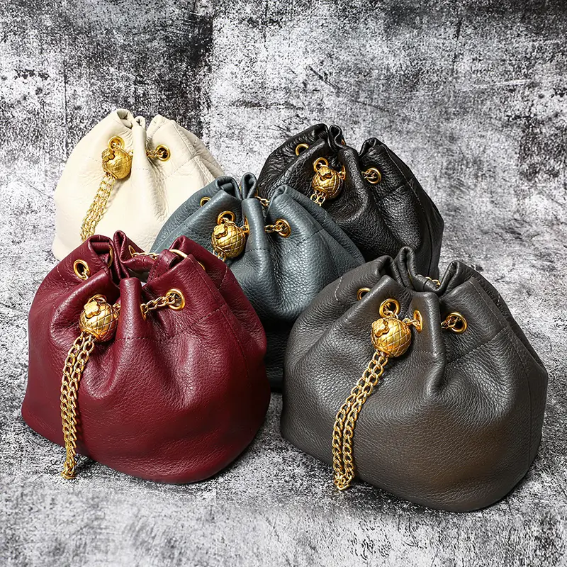 Leather bucket bag multi-angle display, different color views