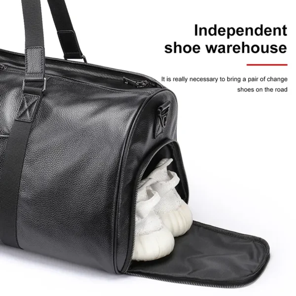1 (17) Black leather duffle bag with independent shoe compartment, product shot