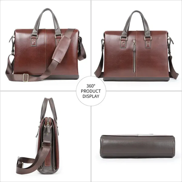 Brown leather briefcase multi-angle feature display collage