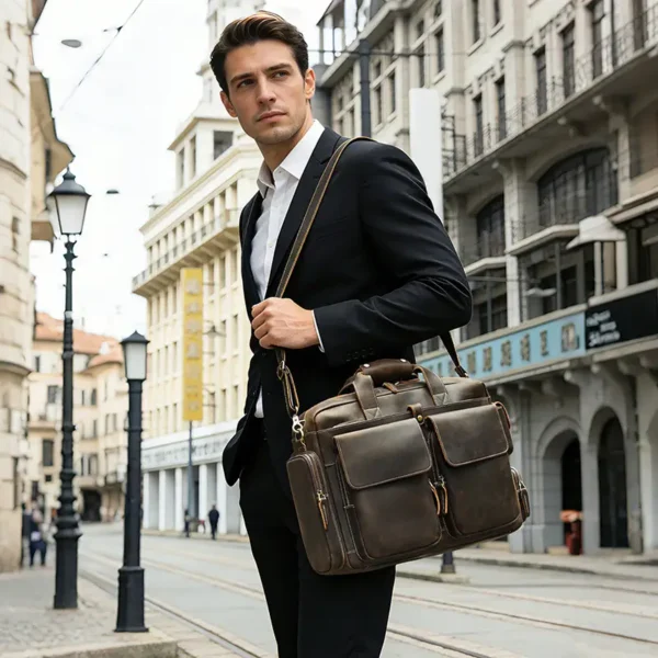 1 (19) Brown leather duffle bag open view, showing interior compartments