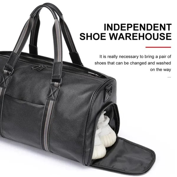 1 (19) Black leather duffle bag with independent shoe compartment, product demo shot