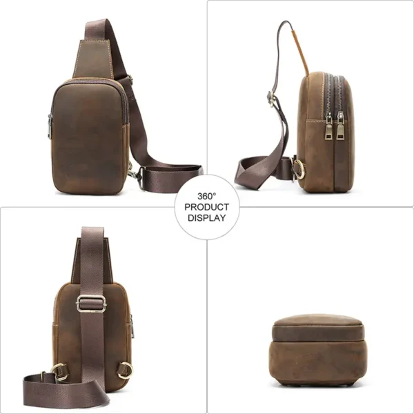 1 (2) Brown leather sling bag multi-angle display, different views