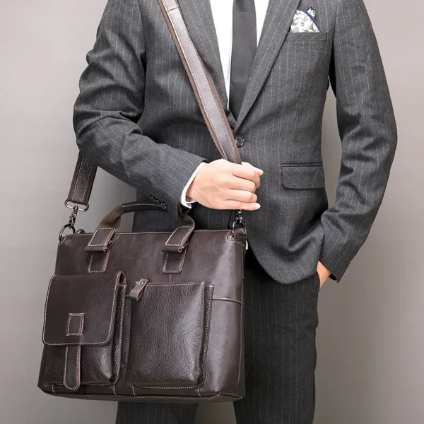 1 Business man holding black leather tote bag, office professional style
