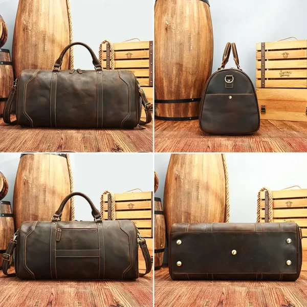 1 (3) Leather duffle bag collection display, different styles and colors