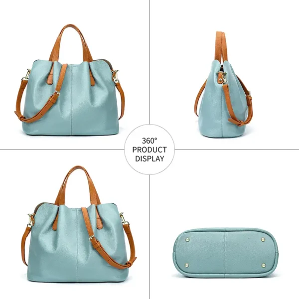 1 (3) Light blue leather bucket bag multi-angle collage, different views