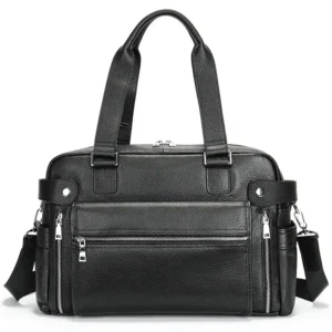 Black leather structured duffle bag with multiple pockets, studio shot