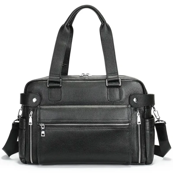 1 (5) Black leather structured duffle bag with multiple pockets, studio shot