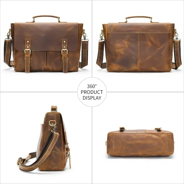 1 (5) Brown leather briefcase multi-angle product collage, front/side/inner views