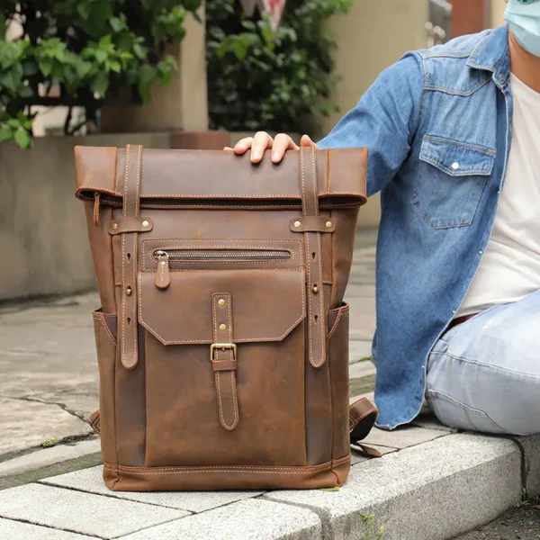 1 (5) Vintage Crazy Horse Men Genuine Leather Backpack Bulk Wholesale Custom Private Label