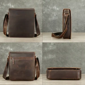 Leather crossbody bag 4-angle collage, front/side views