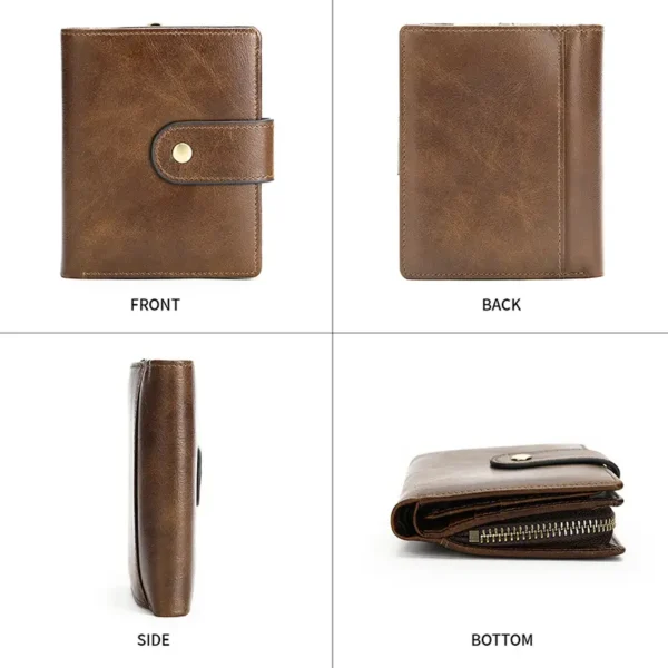 Brown leather wallet 4-angle collage - front, back, open views