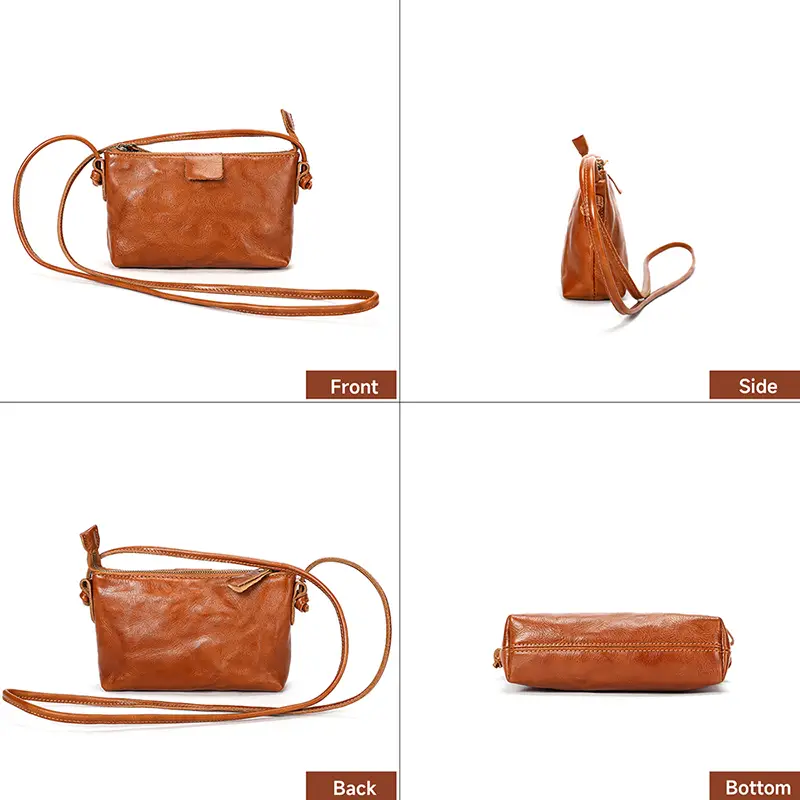 Brown leather crossbody bag multi-angle display, different views
