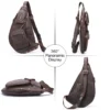 1 (7) Brown leather sling bag 360-degree rotation display, feature infographic