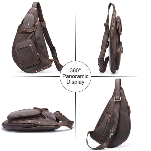 1 (7) Brown leather sling bag 360-degree rotation display, feature infographic