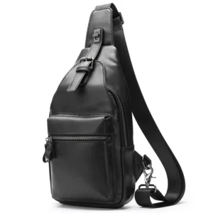 Black leather sling backpack, white background