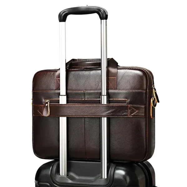 10 Brown leather briefcase with trolley sleeve, travel product shot