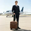 10 Pilot pulling dark brown leather trolley luggage, airport professional style