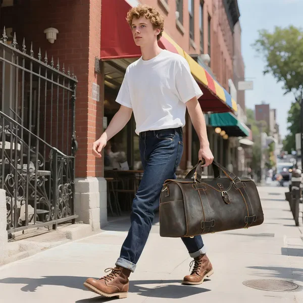 16 Man walking with brown leather duffle bag, city street style