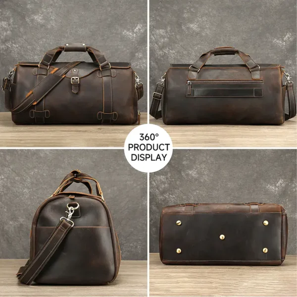 18 Leather duffle bag 4-angle collage, front/side/inner views