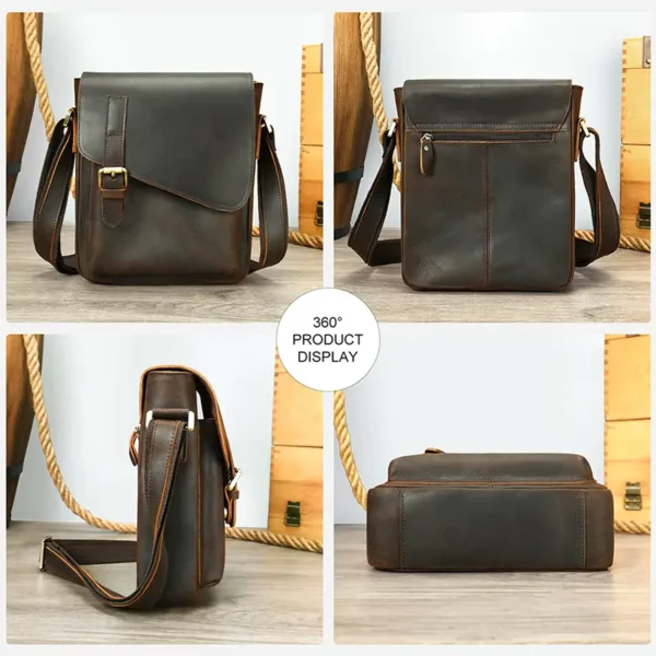 2 Leather crossbody bag multi-angle display, front/side/inner views