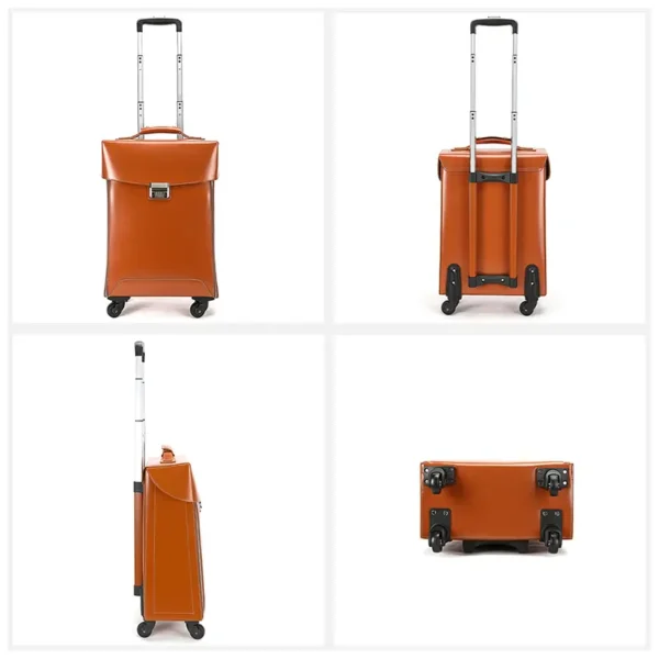 2 Orange leather trolley luggage multi-angle product collage