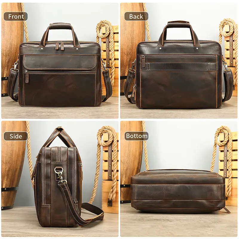 Brown leather briefcase collection display, different styles and colors