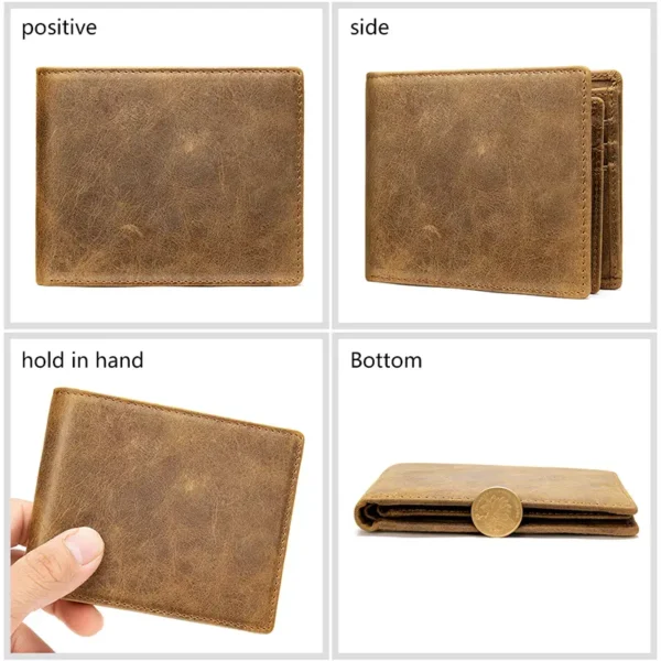 Brown leather wallet 4-angle collage - front, back, open views