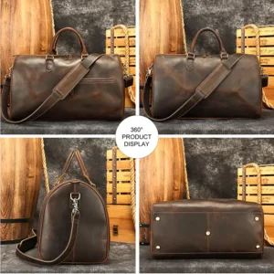 Brown leather duffle bag multi-angle product collage
