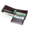 Open dark brown leather wallet with cash, cards and ID slots