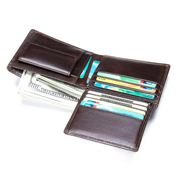 Open dark brown leather wallet with cash, cards and ID slots
