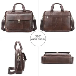Brown leather tote bag multi-angle product collage, front/side/back/inner views