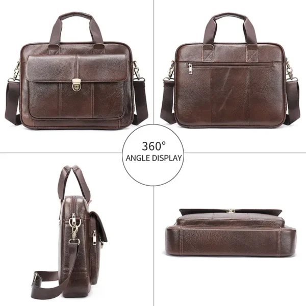 5 Brown leather tote bag multi-angle product collage, front/side/back/inner views