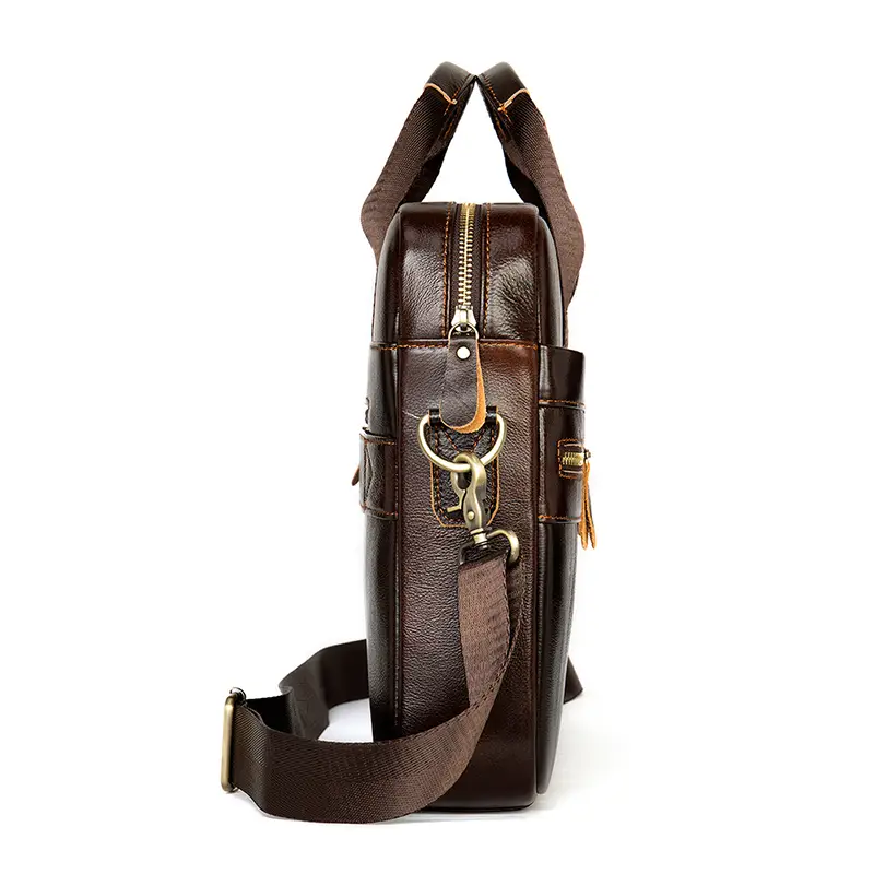 Brown leather briefcase side view, product detail shot